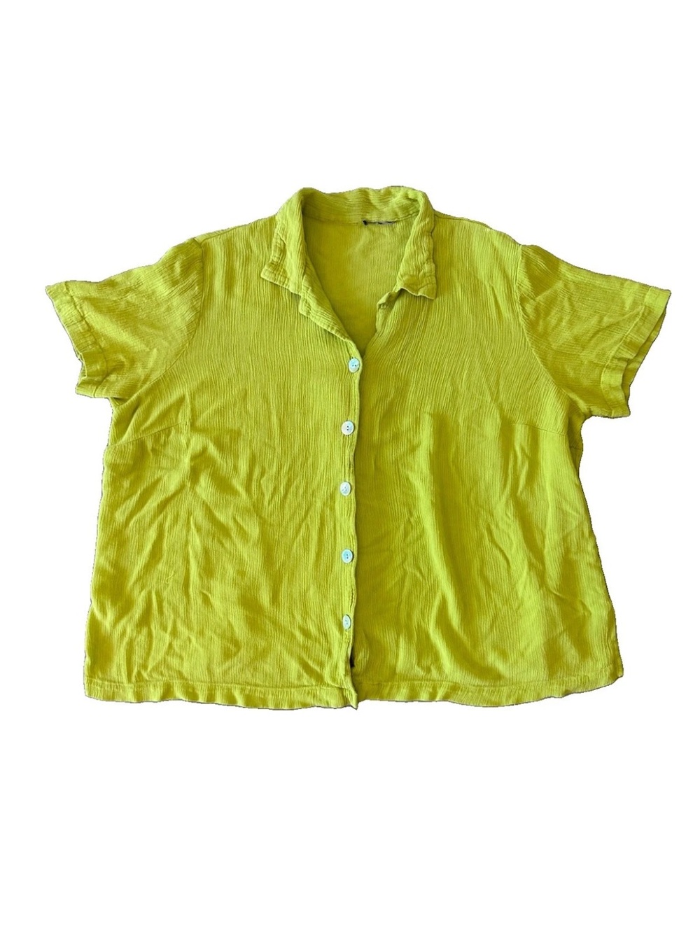 Vintage 90s Lime Green Crinkle Gauze Shirt Oversized Button Down Blouse XL